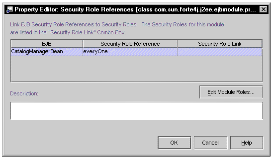 Screenshot of the EJB module's Security Role References property editor.