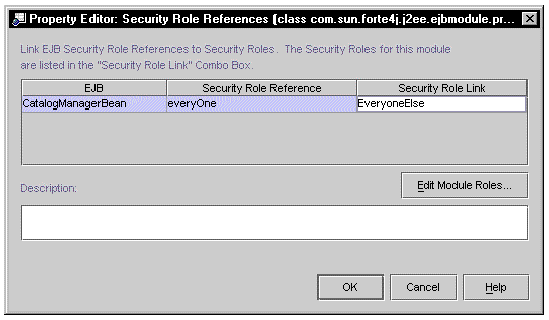 Screenshot of the EJB module's Security Role Reference property editor with linked reference. 