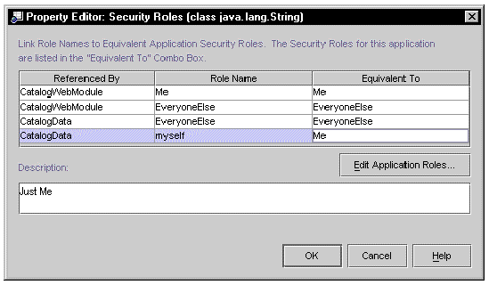 Screenshot of the J2EE application's Security Roles property editor. 