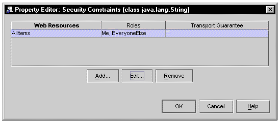 Screenshot of web module's Security Constraints Property Editor. 