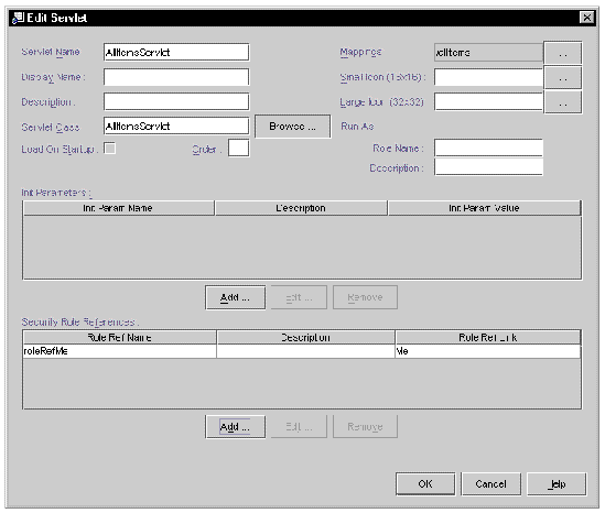 Screenshot of web module's Edit Servlet dialog, showing values for AllItemsServlet and a new mapping for roleRefMe.