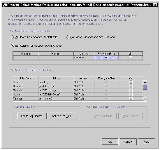 Screenshot of the EJB module's Method Permissions dialog box. 