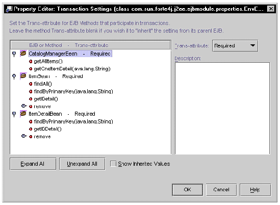 Screenshot of the EJB module's Transaction Attribute property editor with default values.