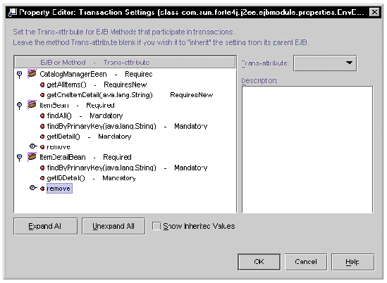 Screenshot of the EJB module's Transaction Settings property editor with the modified settings.