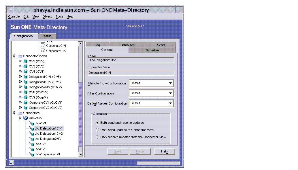 Figure shows the Sun ONE Meta-Directory Console’s interface.