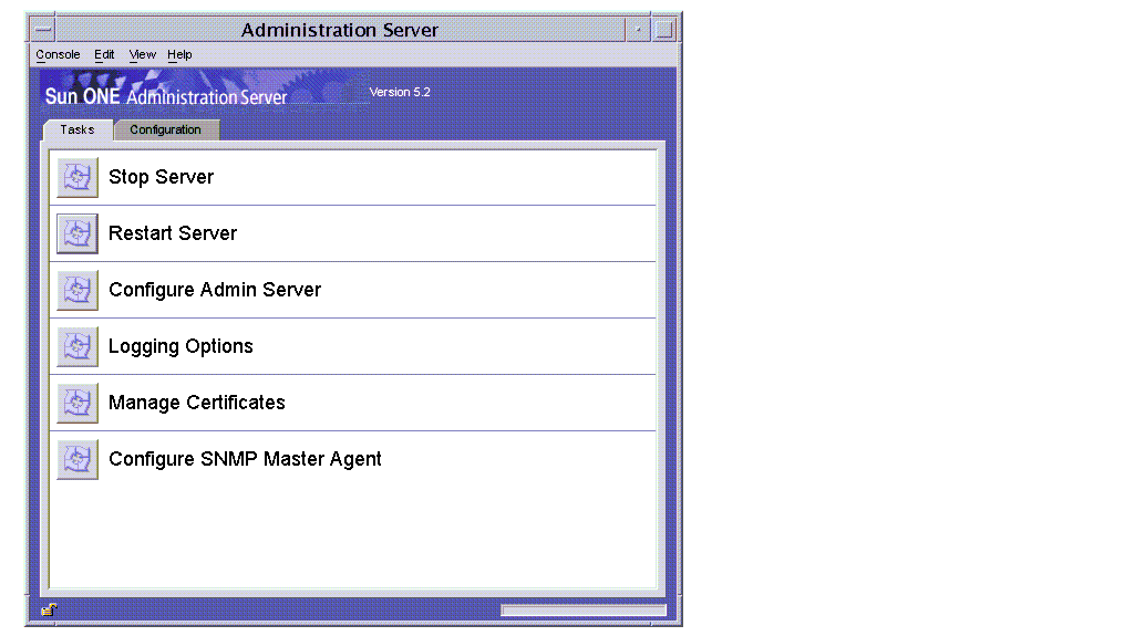 Figure shows the Sun ONE Administration Server Console’s interface. It shows the various options available in the Task tab. 