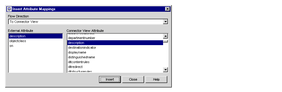 Figure contains the list of ’external attributes’ and ’connector view attributes’.  It also contains a drop-down list containing the ’flow directions’.