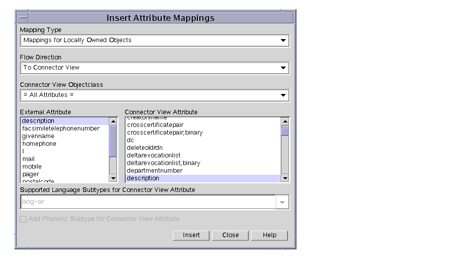 Figure displays the ’Insert Attribute Mapping’ dialog. It shows the ’Description’ attribute being mapped to itself for a flow direction.