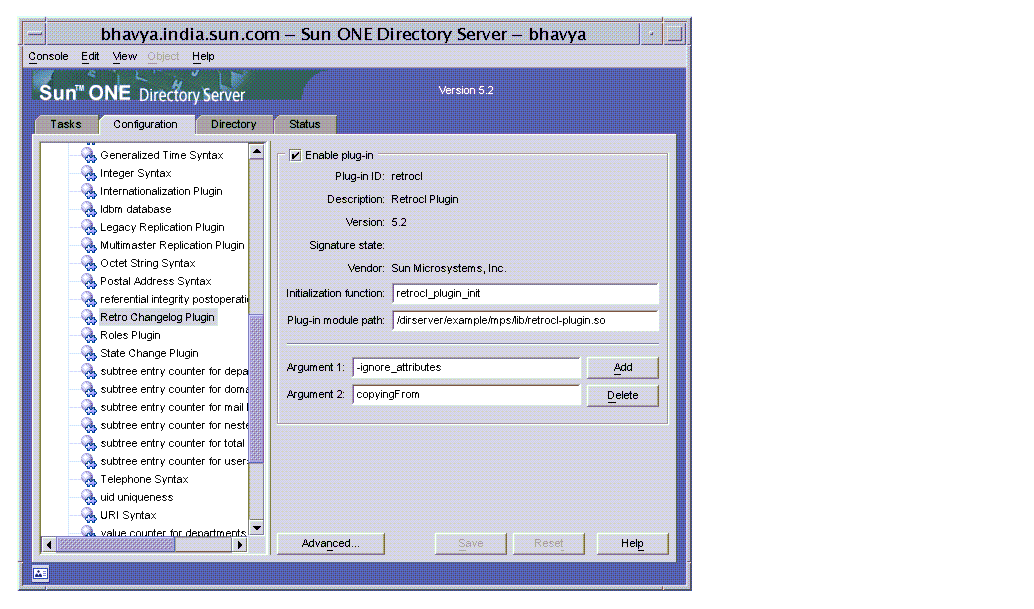 Figure displays the options to enable the Change Log in iPlanet Directory server.