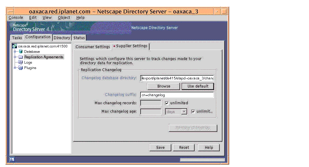 Figure displays the options to enable the Change Log in Netscape Directory server.