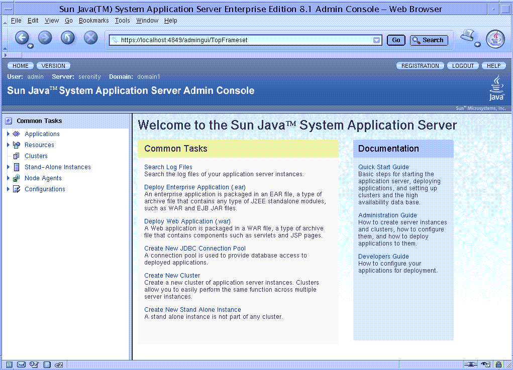 Admin Console has banner pane across the page, left pane
with common tasks tree, and right pane with Welcome and links for Common Tasks
and docs. 