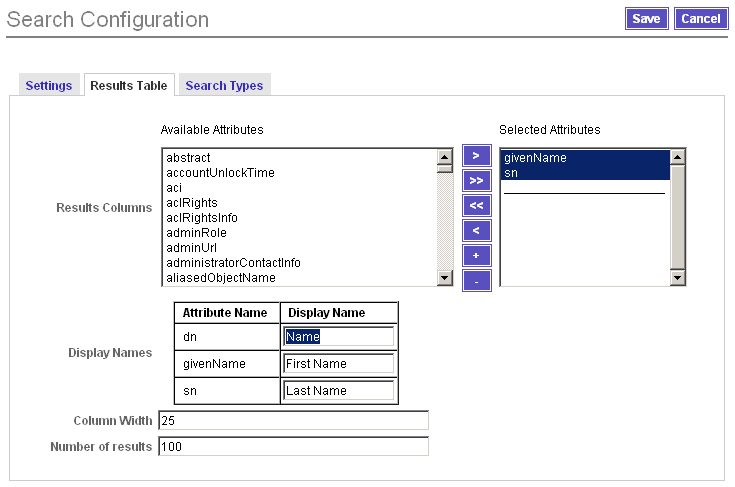 Use the Results Table page to configure the search Results table.