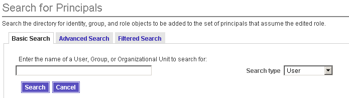 Use the Search for Principals page to locate and specify principals for the new role.