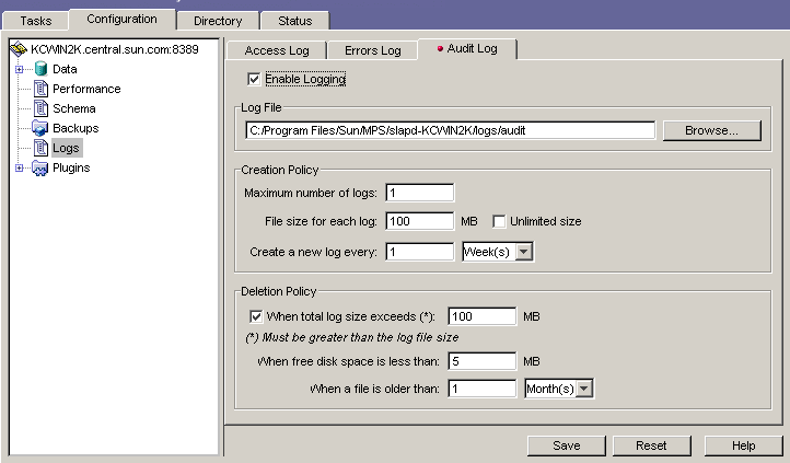 Sun ONE Server Console Audit Logging tab.
