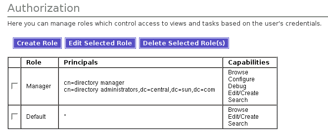 Use the Authorization page to create, edit, and remove roles.