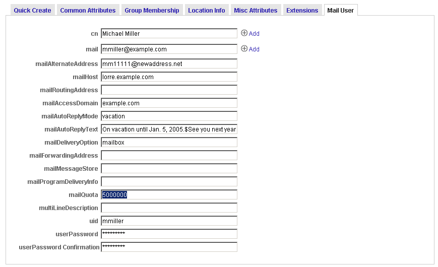 Use the Mail User page to provide information about a new mail user’s account.