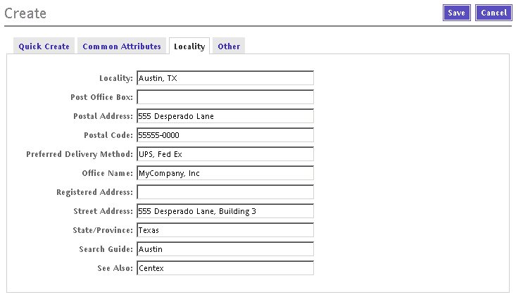 Specifying locality information for a new organizational unit.