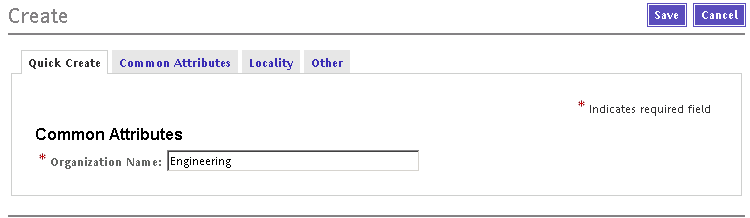 Using the Quick Create page to specify a new organizational unit.