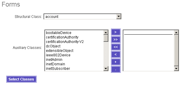 Specify the structural class and the auxiliary class(es) for a new form.