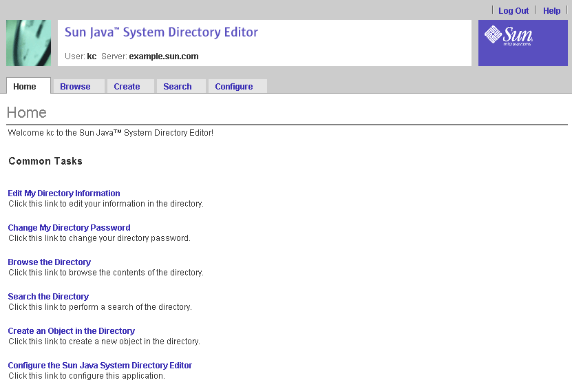 Use the Home page to navigate to all other Directory Editor pages.