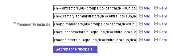 Use the Manager Principals text boxes and the Search for Principals button to specify principals for the new role.