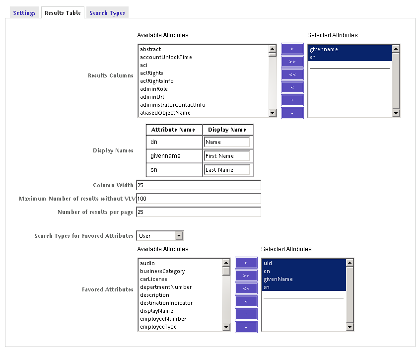 Use the Results Table page to configure the search Results table.