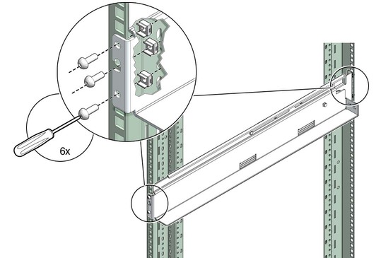 Illustration shows the rails being secured to the rack.