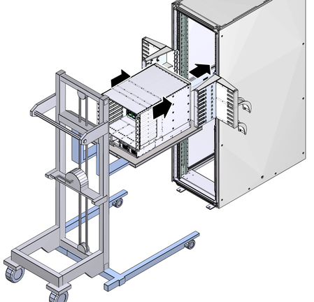 Illustration shows the lift loading the switch into the rack.