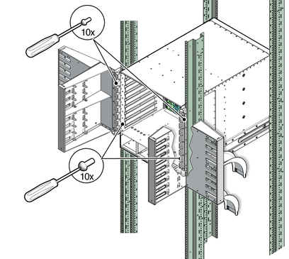 Illustration shows the screws securing the switch to the rack.