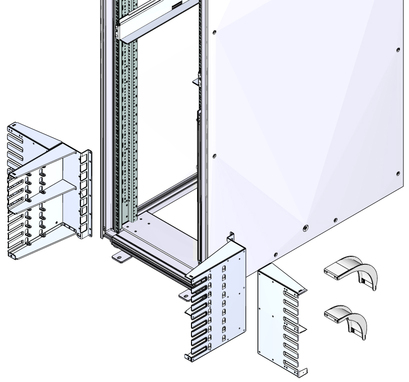 Illustration shows the cable management hardware at the rack.