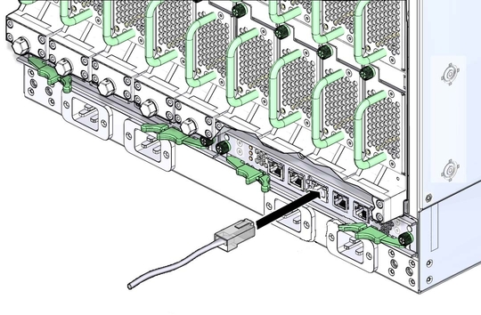 Illustration shows the network management cable being attached.