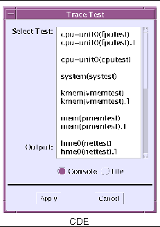 Screenshot of the SunVTS CDE Trace Test dialog box.