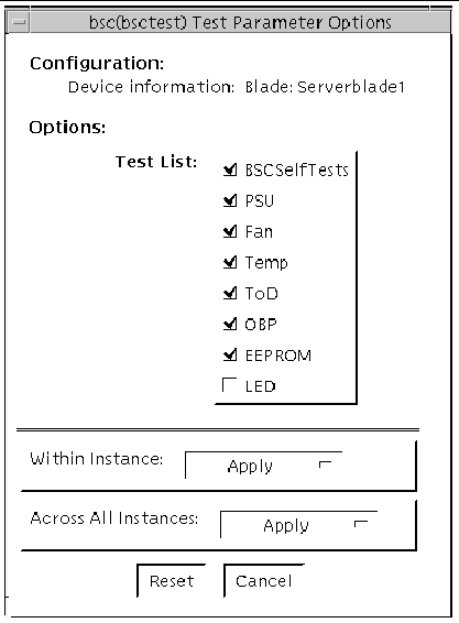 Screenshot of the bsctest Test Parameter Options dialog box