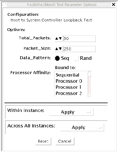 Screenshot of the hsclbtest Test Parameter Options dialog box.