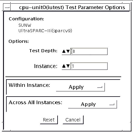 Screenshot of the iutest Test Parameter Options dialog box