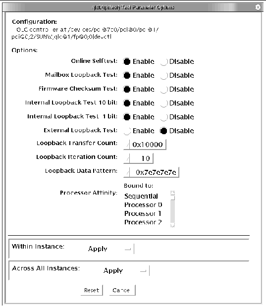 Screenshot of the qlctest Test Parameter Options dialog box