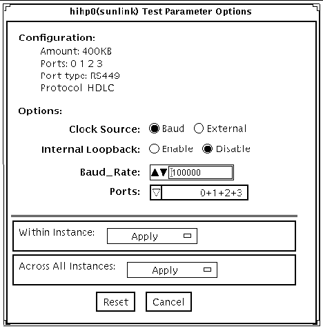 Screenshot of the sunlink Test Parameter Options dialog box