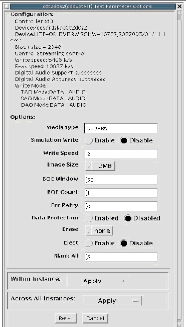 Screenshot of the cddvdtest Test Parameter Options dialog box for DVD-RW