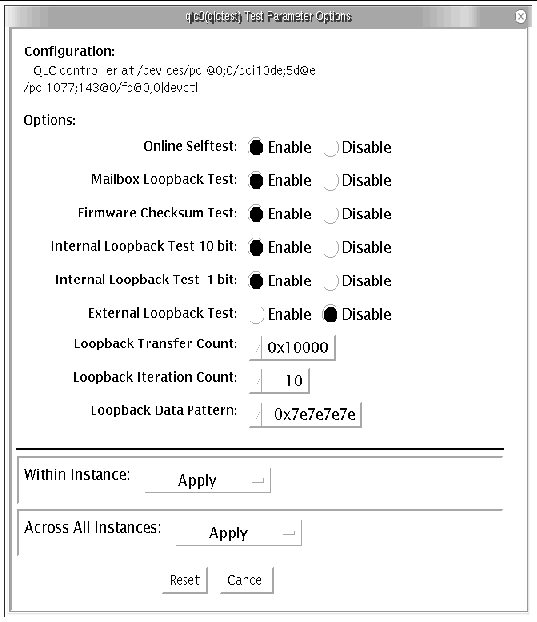 Screenshot of the qlctest Test Parameter Options dialog box