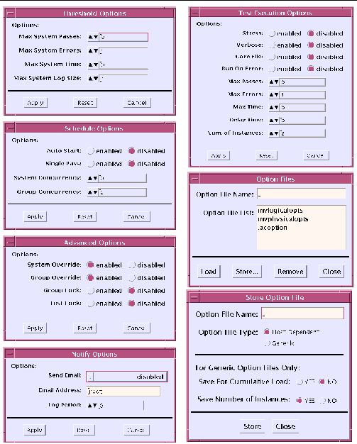 Screenshots of the SunVTS CDE option menu dialog boxes.