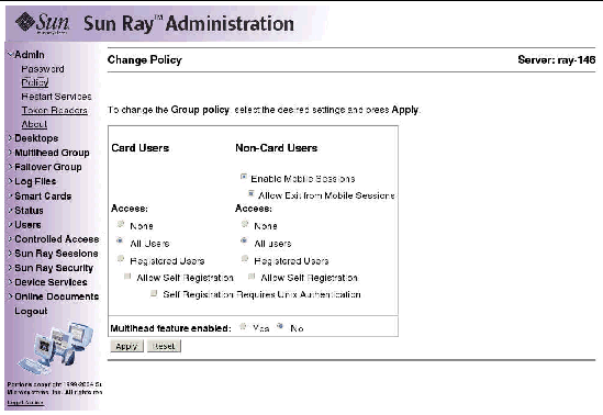 Because this screen is somewhat cluttered, please use the utpolicy command instead. In fact, it is always preferable to use a Sun Ray CLI command instead of a GUI screen.