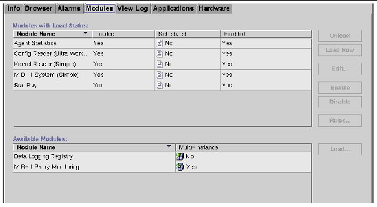 This SunMC panel lists modules by name and indicates whether each is loaded, scheduled, and enabled.