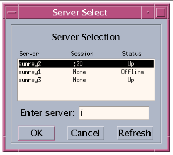 This screen allows the user to select among the available servers in a failover group. The server with the lowest load is presented by default. To exercise the "OK" option, press Return.