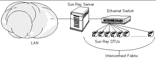 The interconnect fabric encompasses all the DTUs on the dedicated network. They connect to the Sun Ray server through an Ethernet switch; the server is connected to the Internet.
