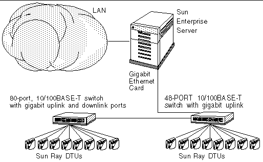 In this configuration, two sets of Sun Ray DTUs, each with a 1/100BASE-T switch, connect to a Sun Enterprise server, which is then connected to a LAN.