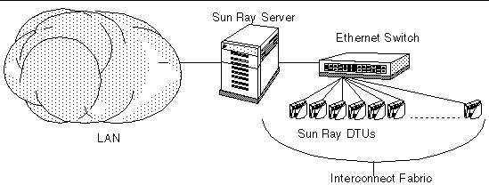 The interconnect fabric encompasses all the DTUs on the dedicated network. They connect to the Sun Ray server through an Ethernet switch; the server is connected to the Internet.