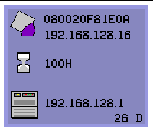 This OSD shows the Ethernet address, DTU IP address, 100H next to an hour-glass symbol (meaning "wait"). It also shows the server IP address and the code 26D.