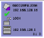 This ODS shows a Sun Ray symbol next to the Ethernet address and DTU IP address, then a green check mark, then an unlocked lock next to "100H' indicating the connection speed, the authentication server IP address, then the icon code and DHCP state.