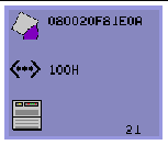 This OSD shows a Sun Ray symbol, an Ethernet address, a double arrow next to 100H to indicate connection speed, and an icon code.