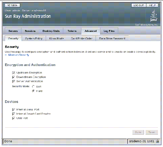 Settings for encryption and authentication plus device options